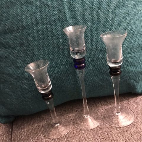 3 stk slanke glass lysestaker m/koboltblått selges