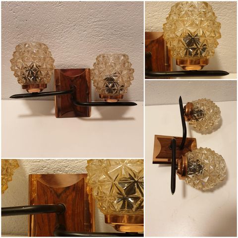 VINTAGE/ RETRO VEGGLAMPE I KOBBER/ TEAK/ PALISANDER/ GLASS 