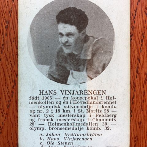 Hans Vinjarengen Kombinert Ski Spillkort fra ca 1933 Tiedemanns Tobak!