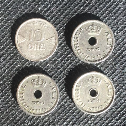 10 øre 1917, 1947, 1949, 1951, ok mynter.