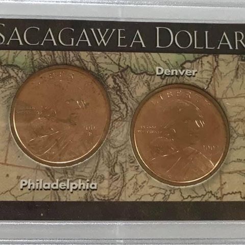 Sacagawea Dollar 2002 sett i hardplast med 2 mynter