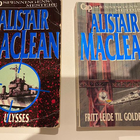 2 stk paperback Alistair Maclean bøker; Ulysses og Fritt leide til Golden Gate