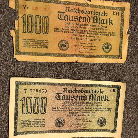 2 stk. 1000 Mark 15.11.1922 tysk pengeseddel - Deutsches Reich
