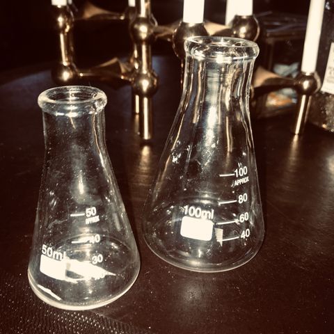 2 stk glasskolbe/reagensrør/kjemikolber 50 ml/100ml .Boligstyling