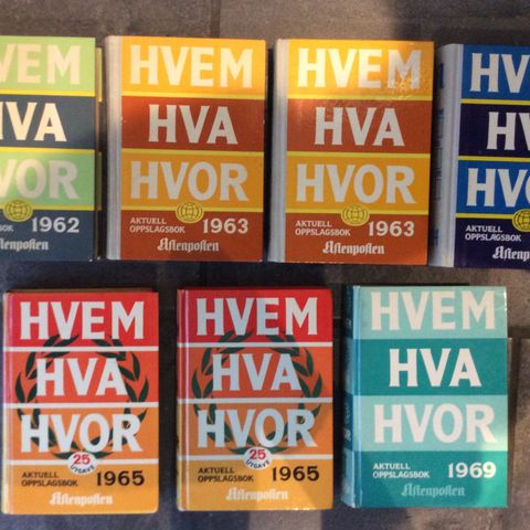 5 eldre HVEM HVA HVOR- bøker.- Disse er: 1962- 1963- 1964- 1965- 1969