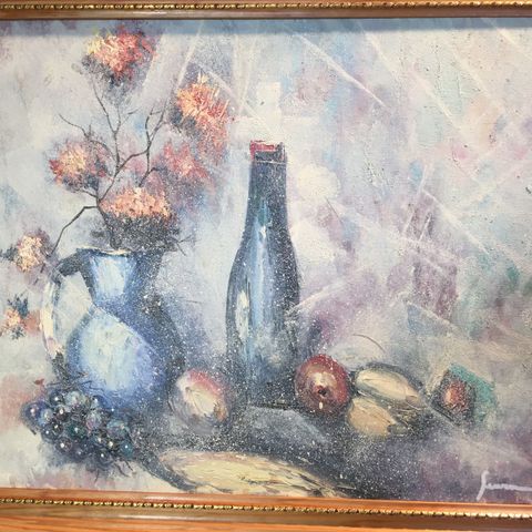 Flott Oljemaleri maleri, Blomstervase og frukt, flasker