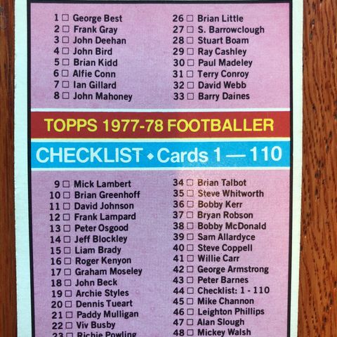 Topps 1977 fotballkort ukrysset checkliste NR 44 selges!