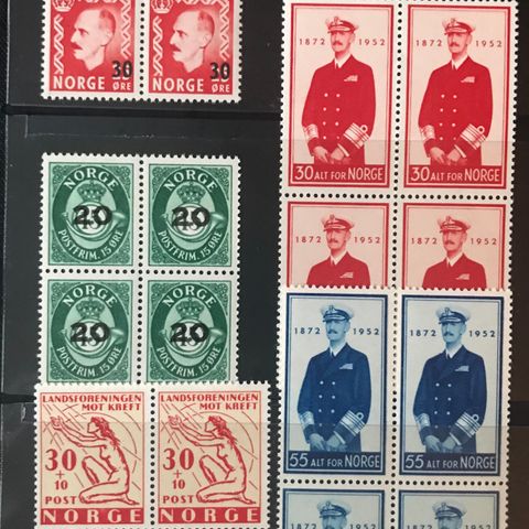 4-blokker postfrisk, nk 410-414, 5 prima fireblokker fra 1951-1953