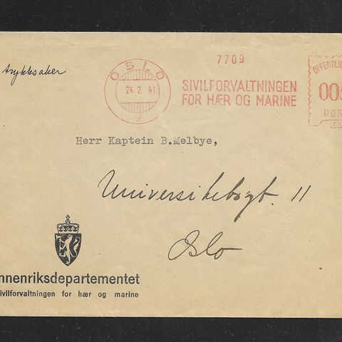 Innenriksdepartementet, for hær og marine. 1941.  En uvanlig pen konvolutt .