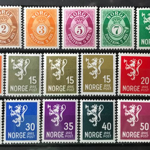 Norge postfrisk, nk 237-252, posthorn og løve bruksmerker uten VM 1940-41