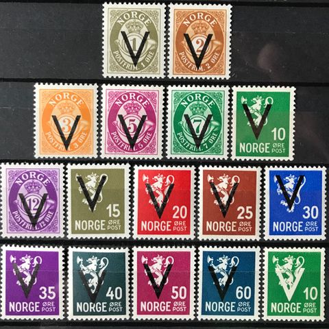 Norge postfrisk, nk 274-288+293 **, øremerker v-merker uten vm, komplett