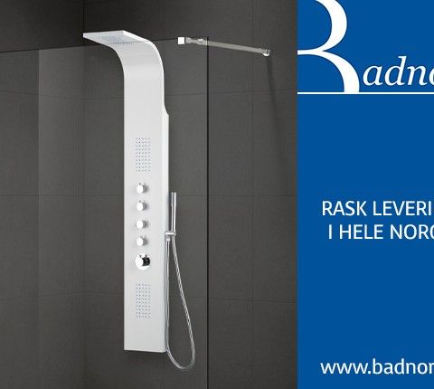 Badnor Perfect rain dusjpanel m/ termostatbatteri, HVIT HØYGLANS - BESTSELGER!