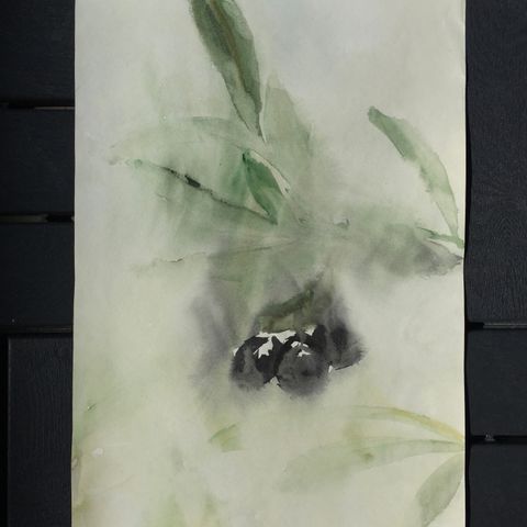 Akvarell maleri "Stilleben, oliven"