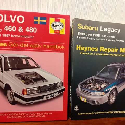 Haynes rep.håndbøker for Volvo 440, 460, og 480 (Subaru er solgt).