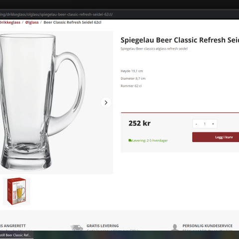 Halvliters glass med hank. (Spiegelau Beer Classic Refresh Seidel 62cl .. )