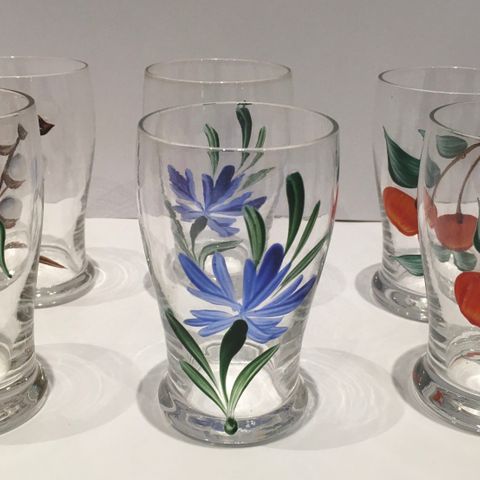 7 retro glass håndmalte seltersglass saftglass