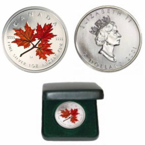 2001 Canadian $5 Coloured Silver Maple Leaf: Autumn 1 oz Fine Silver Coin