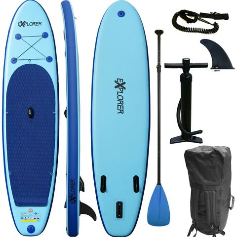 Explorer SUP blå/blå 320x76x15cm + kickpad + sidefinner kr. 3.500.-