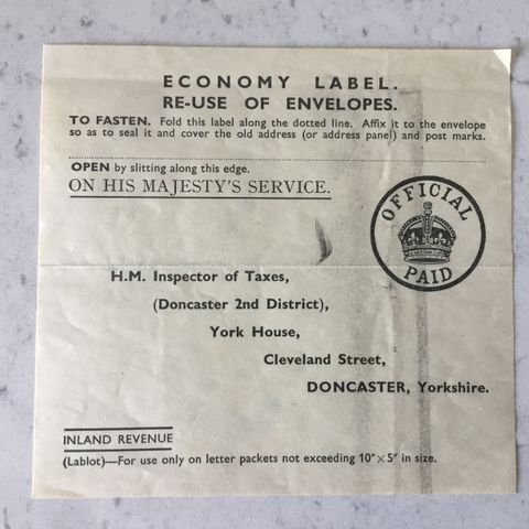 Vintage 1950s-60s UK Tax Office Re-Use of Envelopes Sticky Label