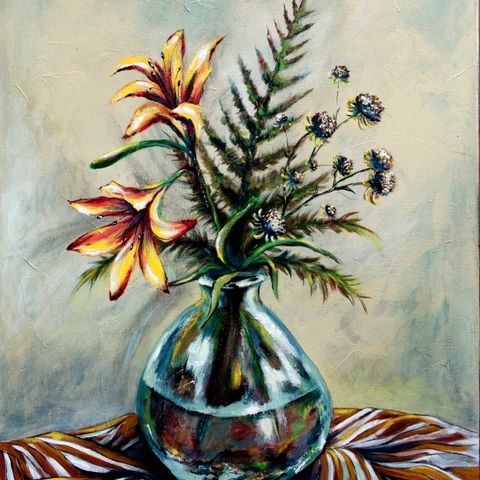 Håndmalt akryl maleri "Summer flowers", 56x46 på lerret.