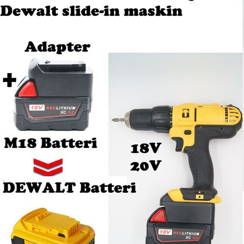 Adapter : Bruk Milwaukee M18 batteri på Dewalt ( eller Meec) maskin (18V / 20V)