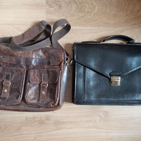 Retro. Vintage. SKINN / LÆR / leather herre veske / business bag. Sort. Brun.