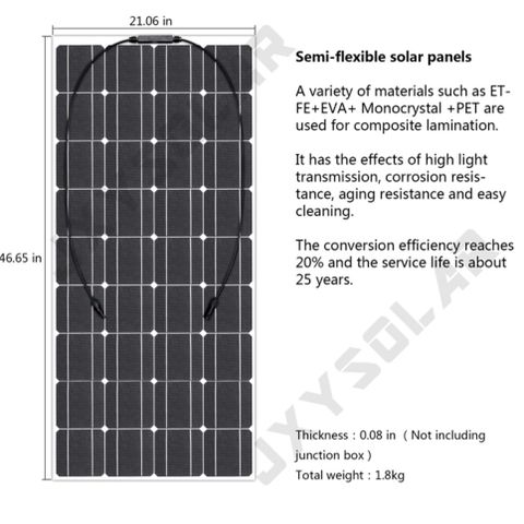 Fleksibelt Solcelle panel 100 watt ink regulator