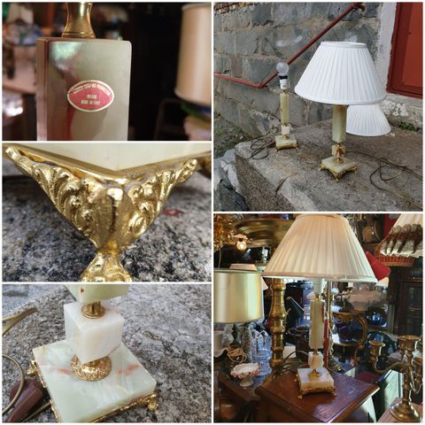 VINTAGE/RETRO  - GAMMLE BORDLAMPE I MARMOR OG MESSING MED LØVEBEN "ITALIA "