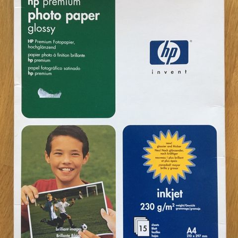 Ny A4 HP primium fotopapir glossy for blekkskriveren. 230 g/m2. 11 ark. kr 75
