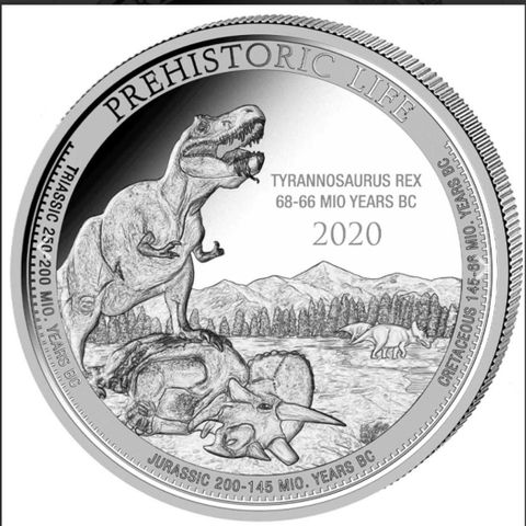 «PREHISTORICAL LIFE T-REX» 2020 KONGO 1 OZ SØLV , opplag kun 10 000!