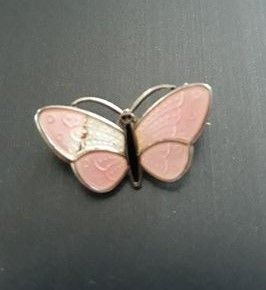 Vintage emaljert  rosa sommerfugl brosje sølv Aksel Holmsen