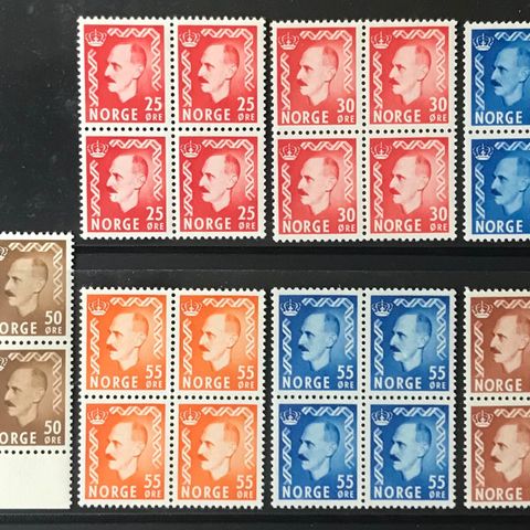 Norge 4-blokker postfrisk, nk 393/403, 7 4-blokker Haakon øremerker 1950/52