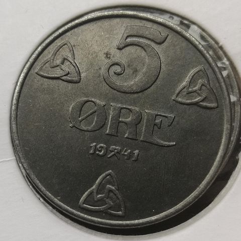 Norge 5 øre 1941 jern WWII kv 0 med pregestriper