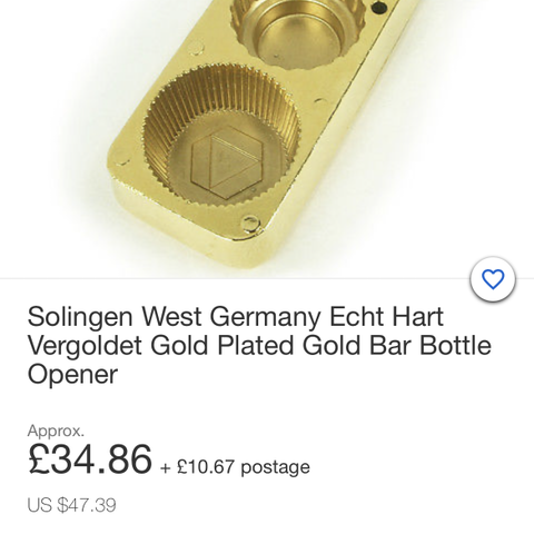 Gullbarre, fra tidligere Vest-Tyskland. Flaskeåpner i fargen gull.