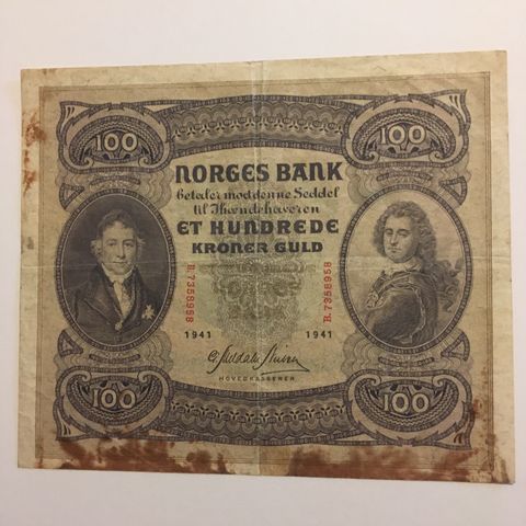 100 kr 1941 B kv 1+/1 flekker selges