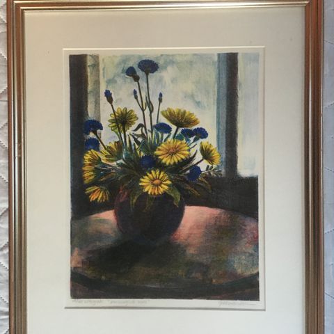 SALG: Grete Marstein "Sommerglede inne". Lito. Innrammet. Format: 55 x 66 cm