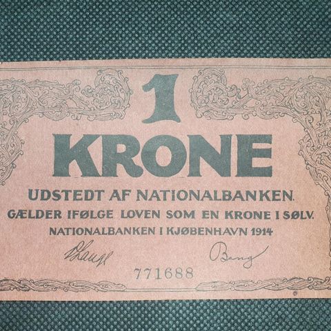 Utmerket Dansk 1 Krone (1914 - Type I, Feilpreg) Seddel