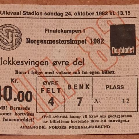 Billett til NM på Ullevål i 1982