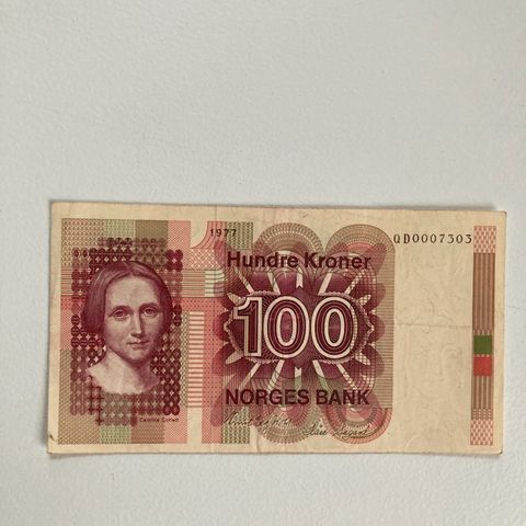 100 kr seddel fra 1977 bokstavkode QD, erstatningsseddel