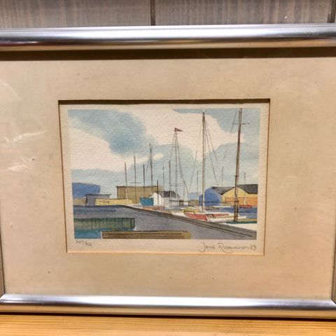 Vintage akvarell med havnemotiv, signert Jens Rosenkvist