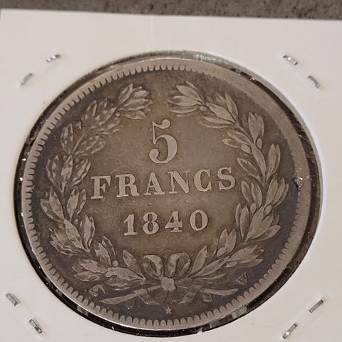 5 Francs 1840 W, Louis Phillipe, ( myntverk i Lille ), flott sølvmynt 0.900