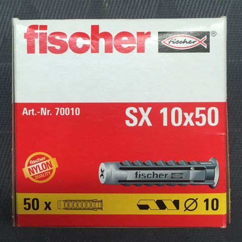 Nylon pin Fischer 70010; 10x50 mm; 50 stk 1 pkn for kr 50,- / 8 pkn for 150,-