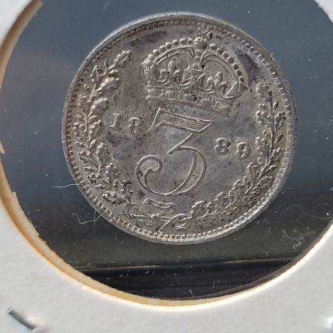 England, 3 Pence 1889  Victoria, veldig fin mynt