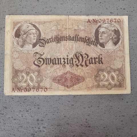 Tysk Statslånsvaluta 20 Mark 1919 ,  A*NR  097670