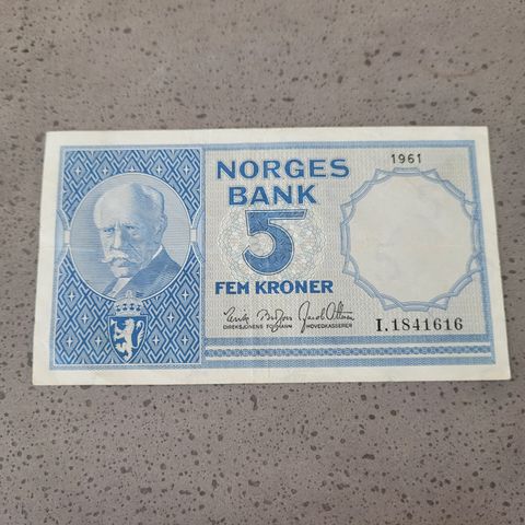 5 Kroner 1961  I . 1841616, Seddelen er av god kvalitet og ser fin ut.