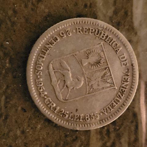 Sølvmynt , 25 centimos  1954 i sølv , Venezuela