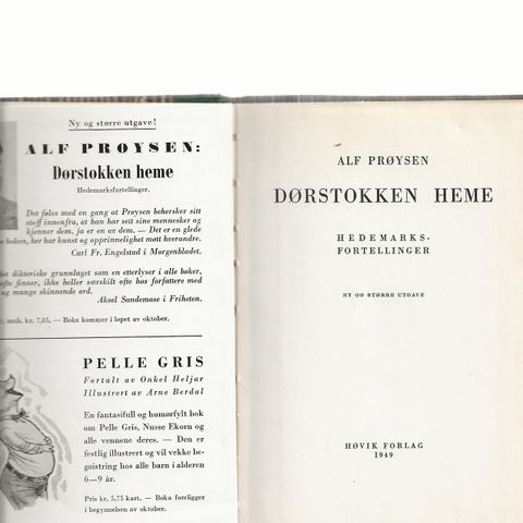 Alf Prøysen  Dørstokken heme Hedemarksfortellinger, innb. Høvik forlag 1949