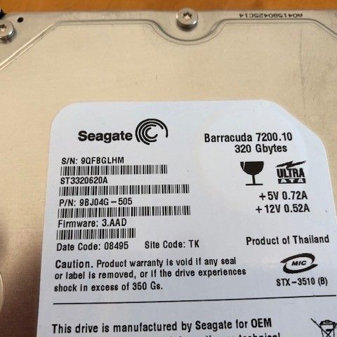 Ultra ATA Seagate HD 320 GB 7200.10 NTFS filsystem.  Nyformattert.
