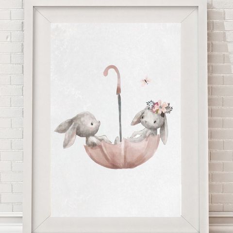 Kaniner med paraply - Søtt bilde til barnerommet