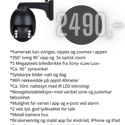 PTZ kamera med bilde på mobilen. Kan roteres, vippes og zoomes 5x